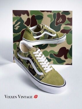 VANS X BAPE 2021 'OLD SKOOL 36 DX BAPE ABC CAMO' LOW TOP SNEAKERS IN GREEN
